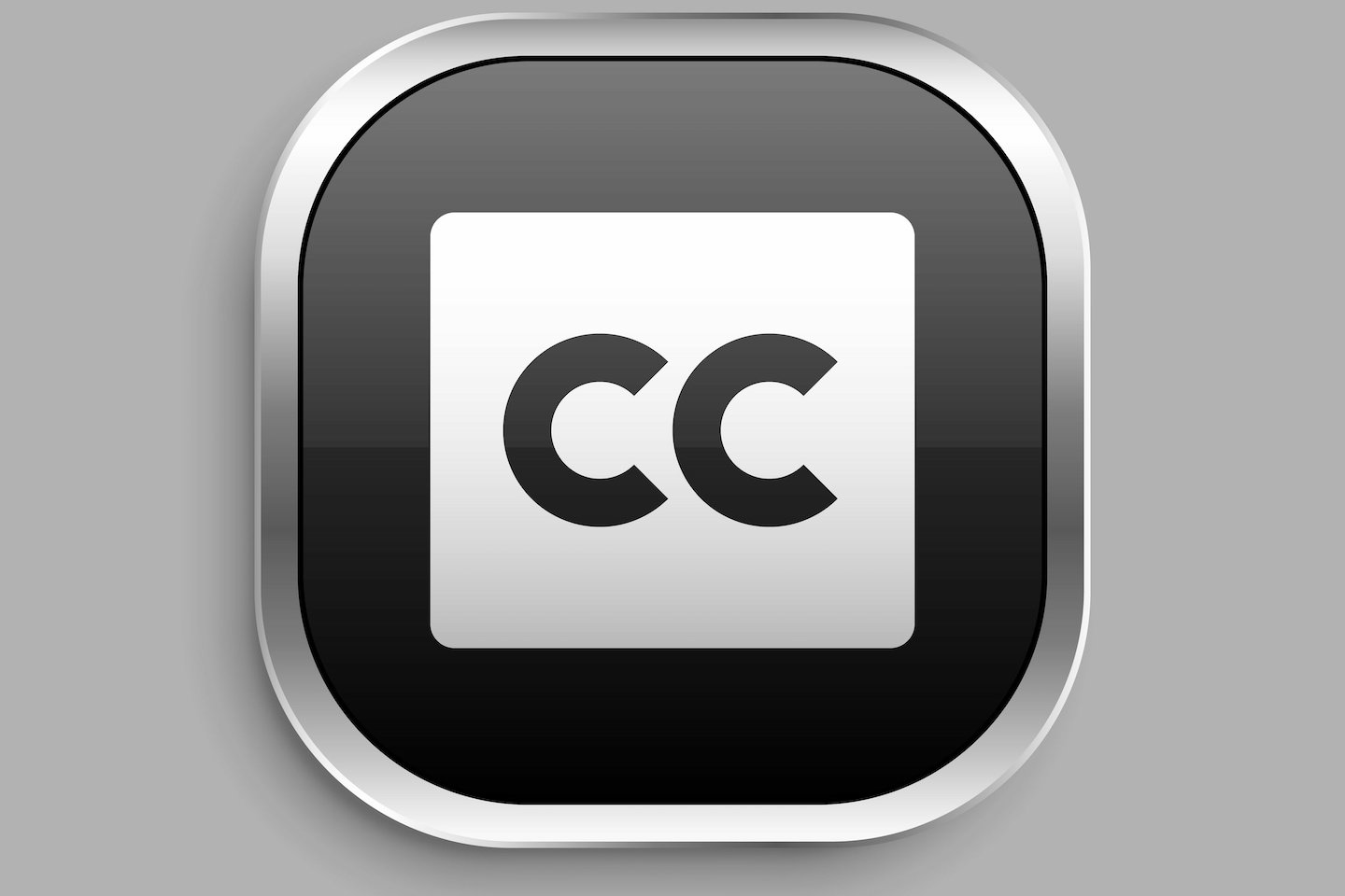 closed captioning fill icon design. Glossy Button style rounded rectangle isolated on gray background. Vector illustration