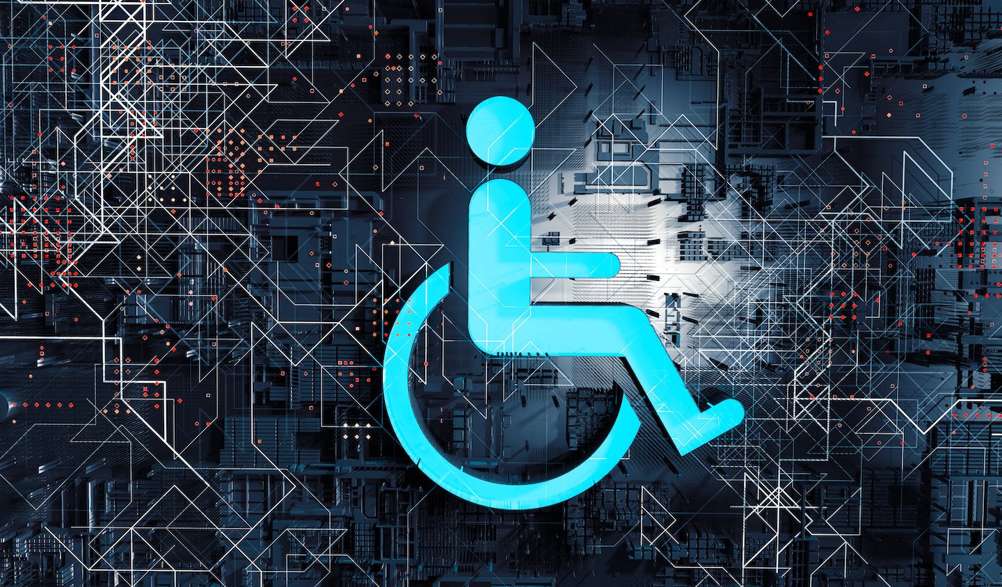 Accessibility icon with wheelchair and technology abstract background.3d illustration.